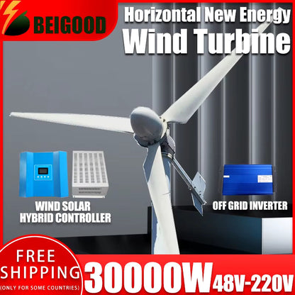 New Energy 30000W 48V-220V Small Windmill 3 Blades Horizontal Wind Turbine Generator Free MPPT Controller for Homeuse for You