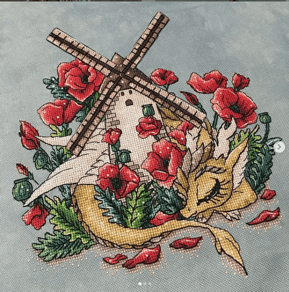 Dragon with Windmill - PDF Cross Stitch Pattern