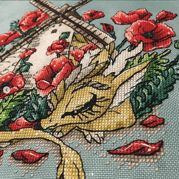 Dragon with Windmill - PDF Cross Stitch Pattern