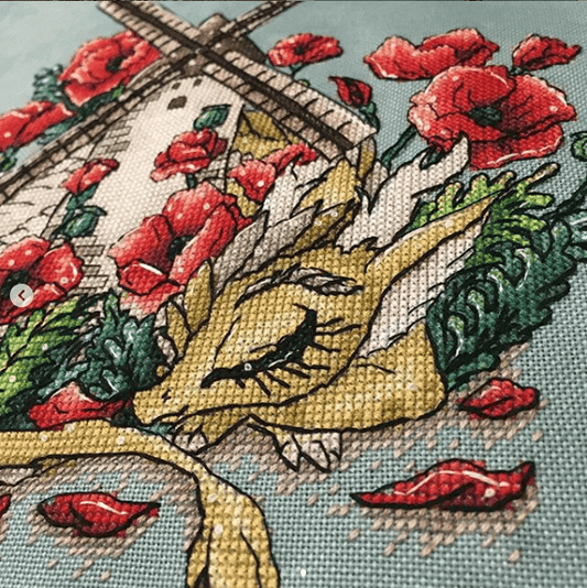 Dragon with Windmill - PDF Cross Stitch Pattern